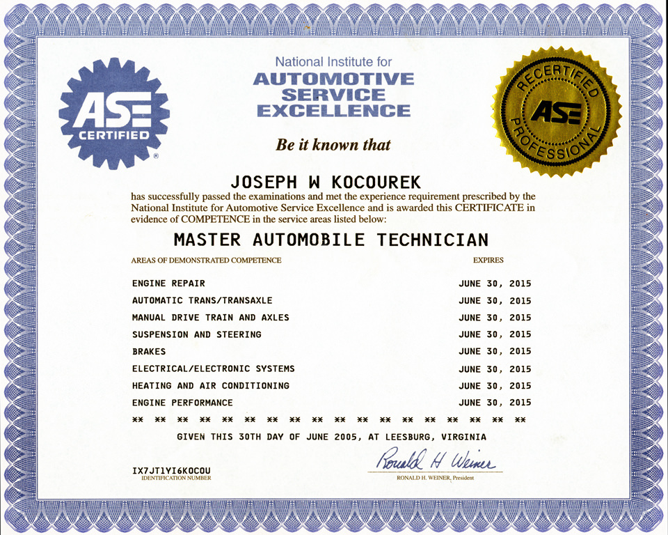 automotive service excellence certificate